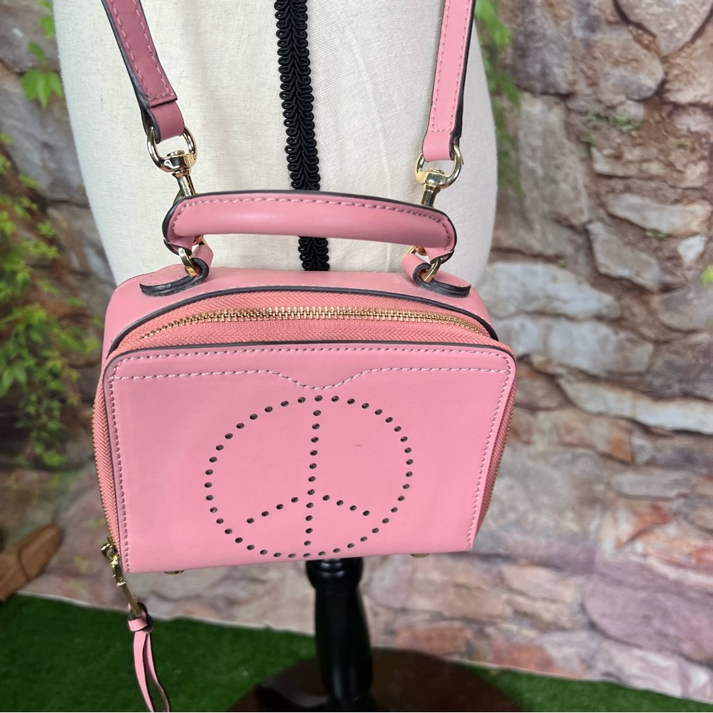 REBECCA MINKOFF Y2K Style Dusty Pink Perforated Peace Sign Crossbody Bag - Picture 9 of 11